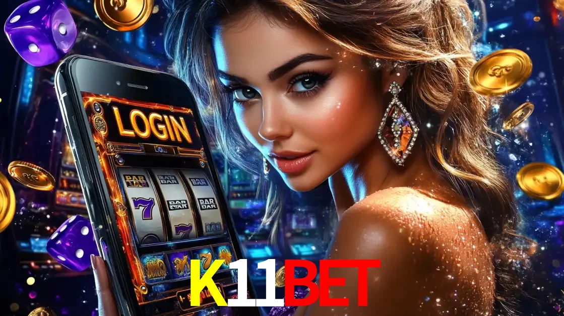 Mulher glamorosa segurando um smartphone com a tela de login para os jogos de caça-níqueis do cassino online K11BET, com moedas de ouro e dados ao redor.
